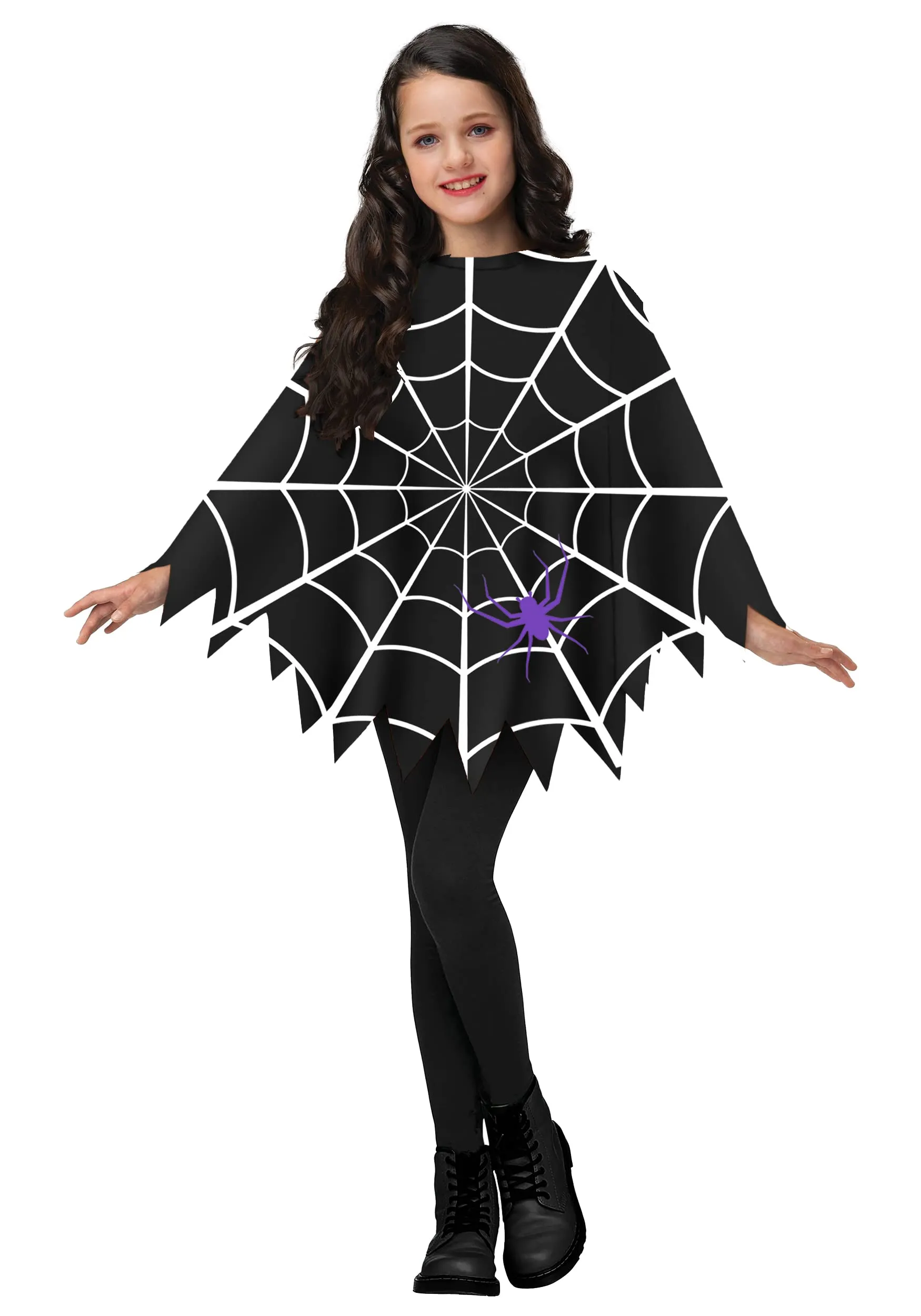 AOBUTE Boys Black Poncho Halloween Black Spider Web Printed Cape Kids Cloak Party Outfits
