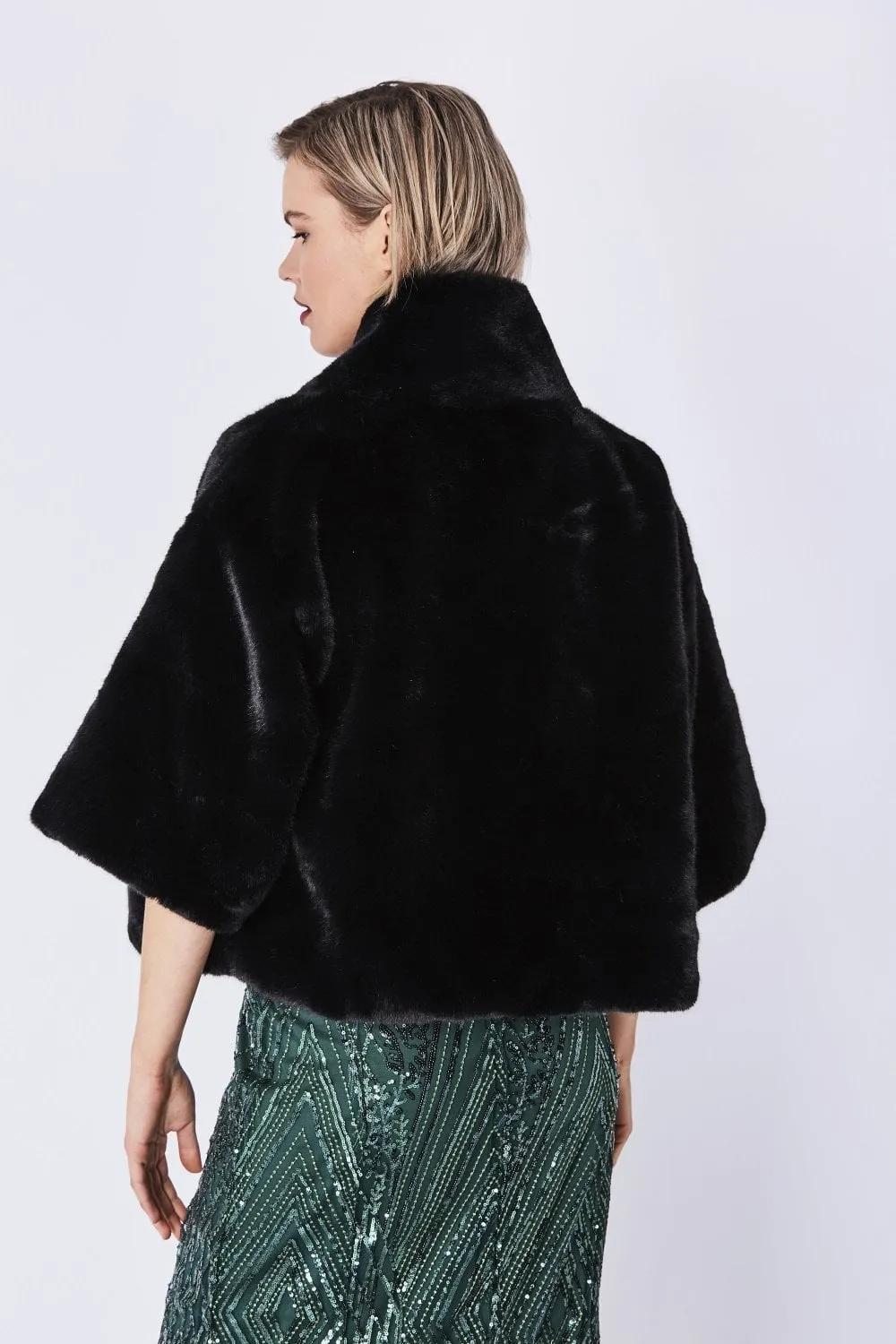 Black Faux Fur Jacket With Pearls