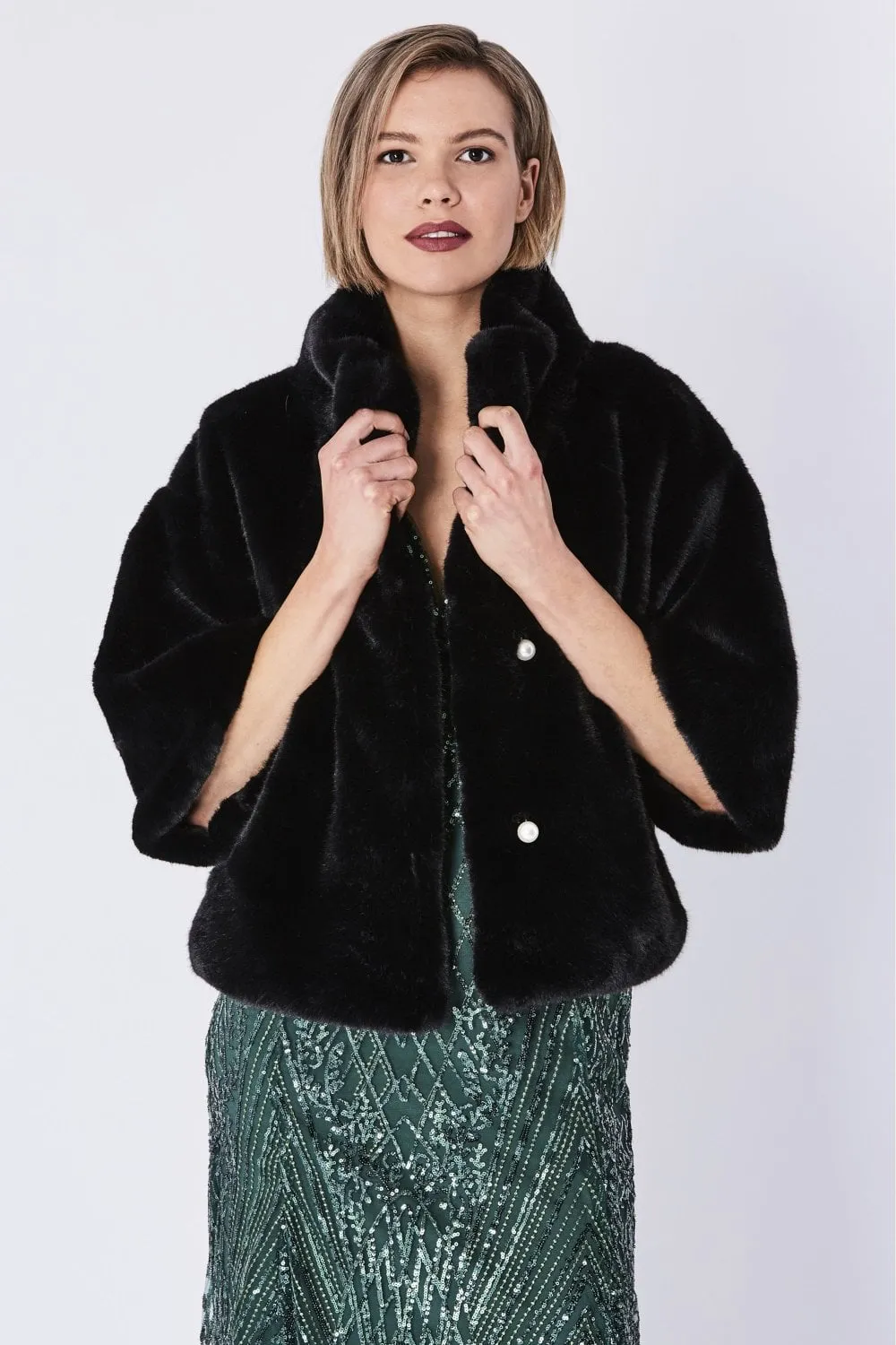 Black Faux Fur Jacket With Pearls