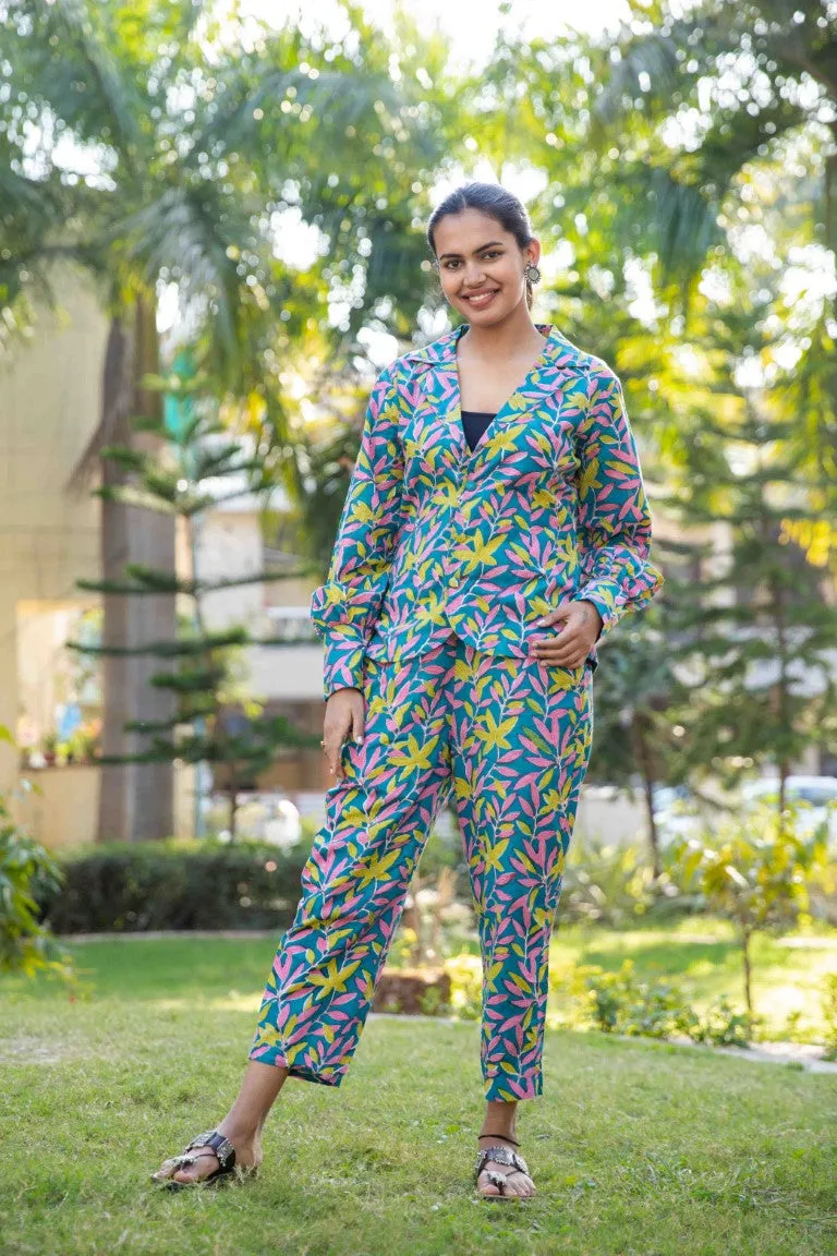 Blue Green Two piece cotton pant and  blazer set