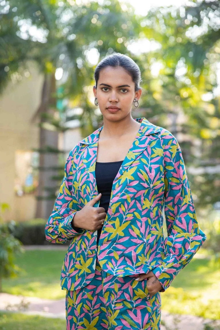 Blue Green Two piece cotton pant and  blazer set