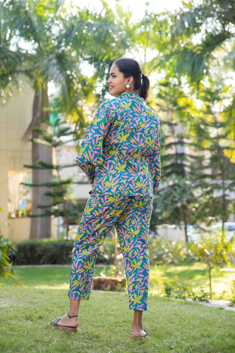 Blue Green Two piece cotton pant and  blazer set