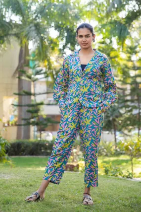Blue Green Two piece cotton pant and  blazer set