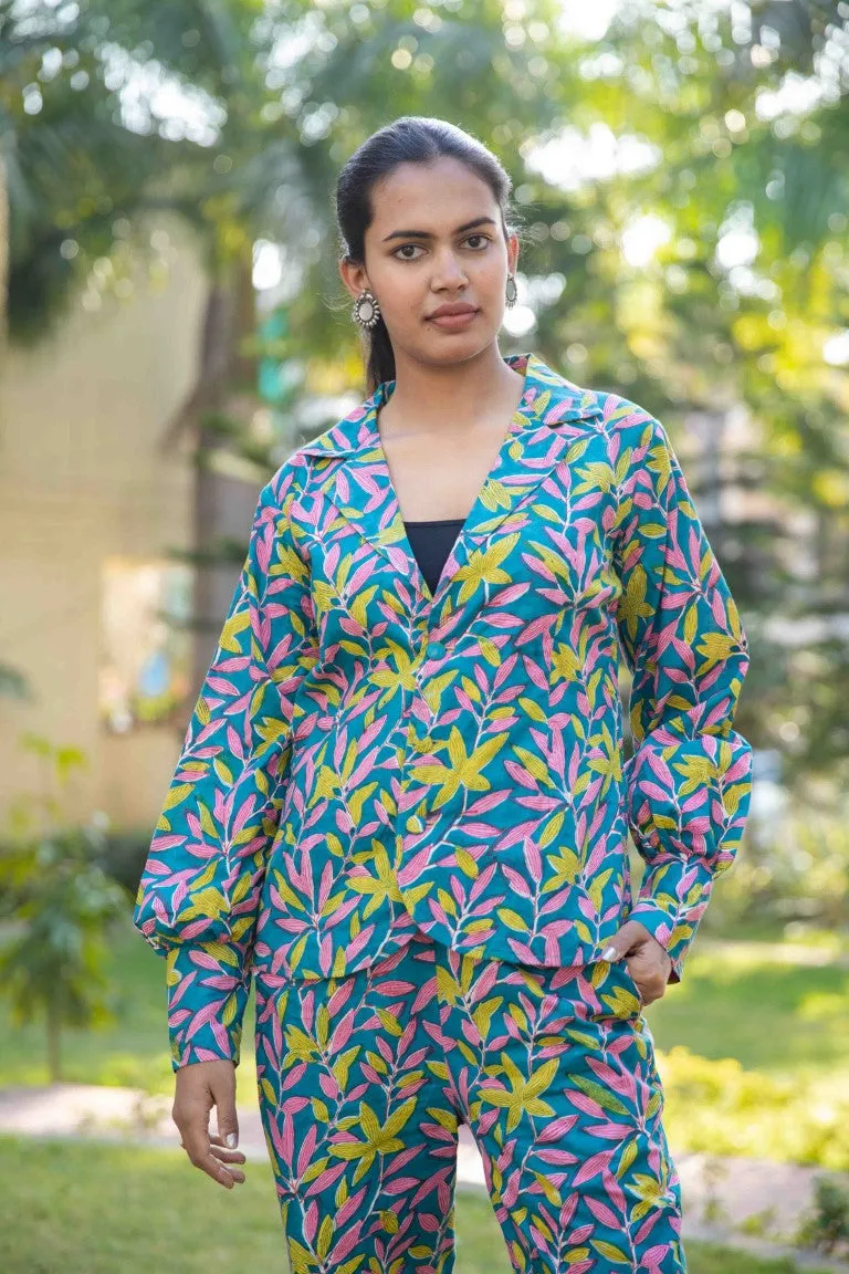 Blue Green Two piece cotton pant and  blazer set