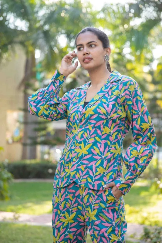 Blue Green Two piece cotton pant and  blazer set