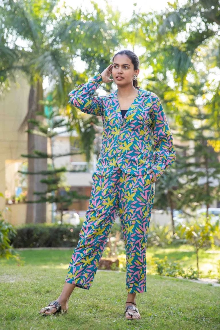 Blue Green Two piece cotton pant and  blazer set