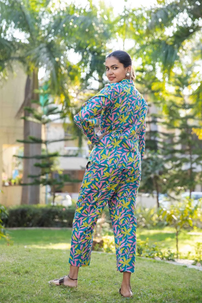 Blue Green Two piece cotton pant and  blazer set