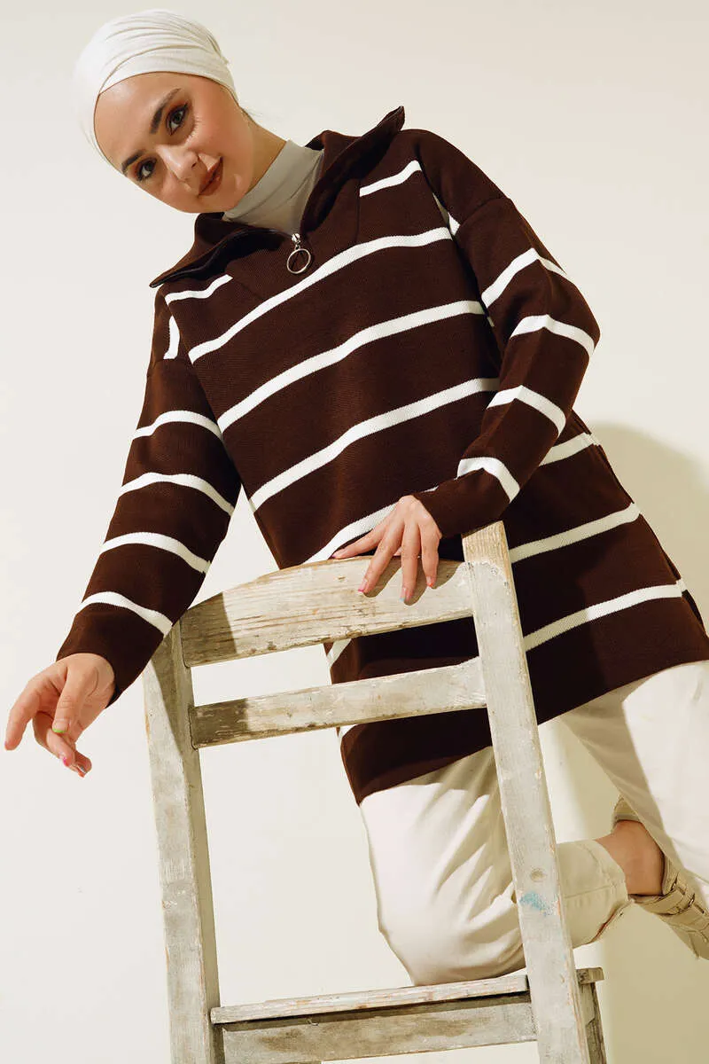 BNG Women Brown Striped Tunic with Collar Zipper - Clermont