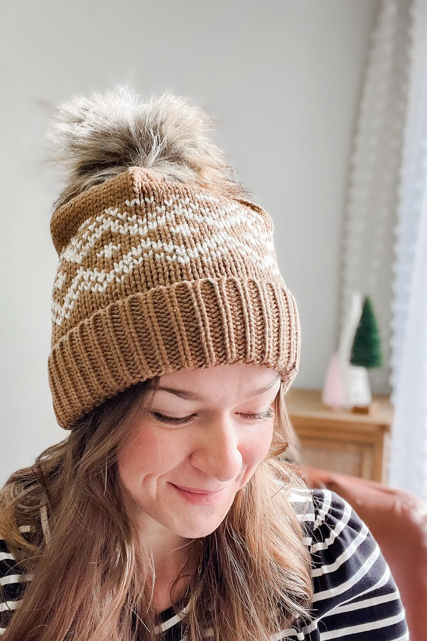 Brown & Cream Pom Hat
