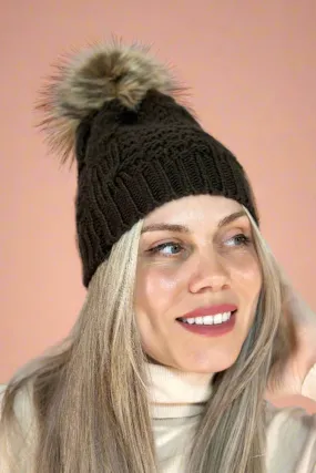 Cable Pom Beanie Brown