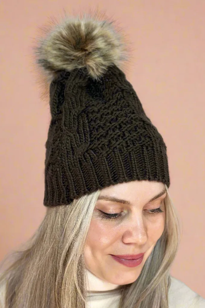 Cable Pom Beanie Brown