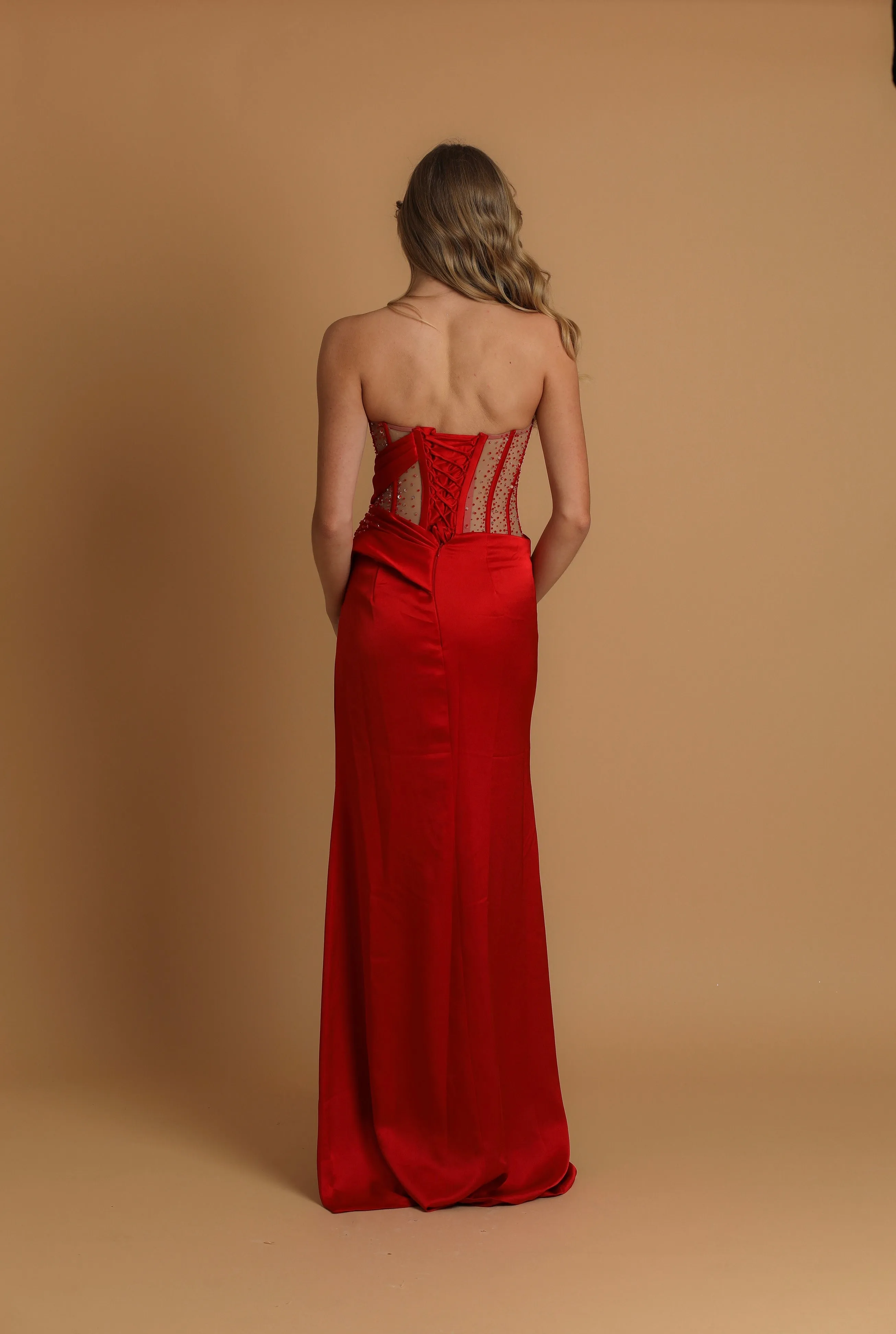 Cherry red bustier top see-through bodice beaded satin mermaid dress for hire
