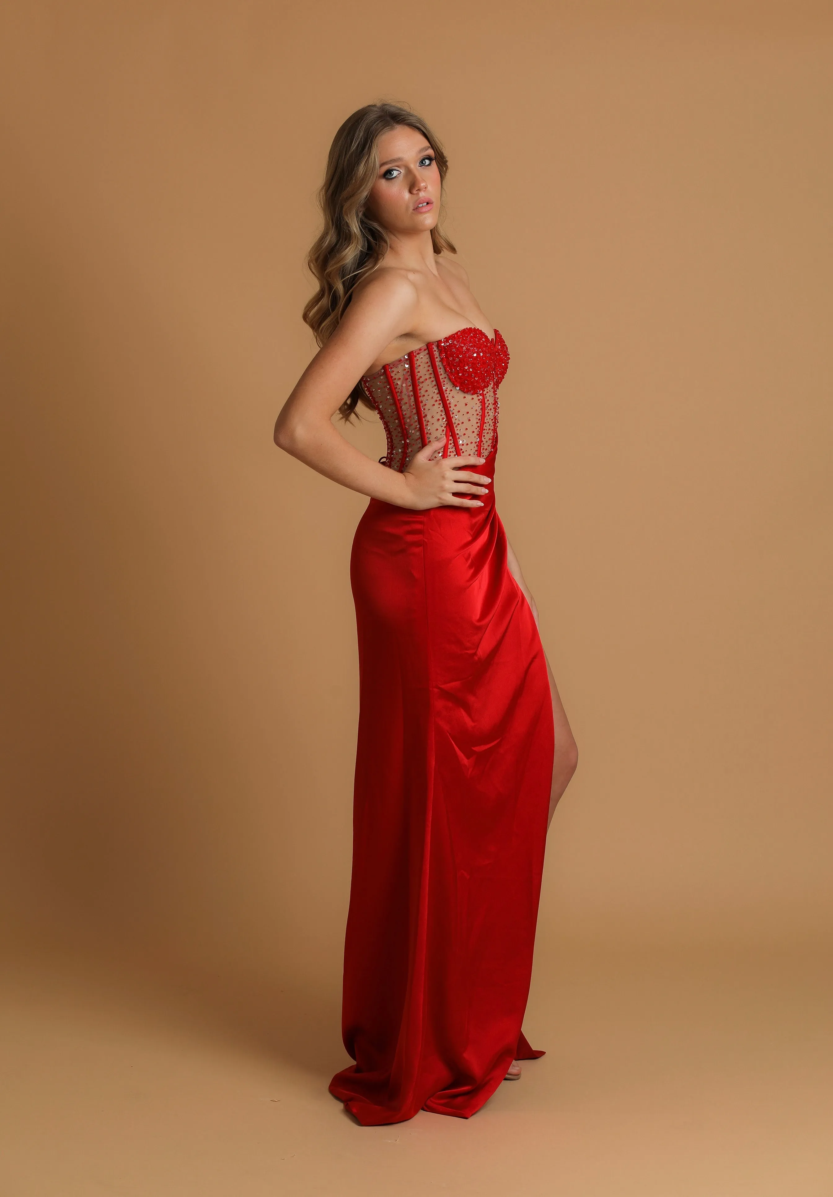 Cherry red bustier top see-through bodice beaded satin mermaid dress for hire