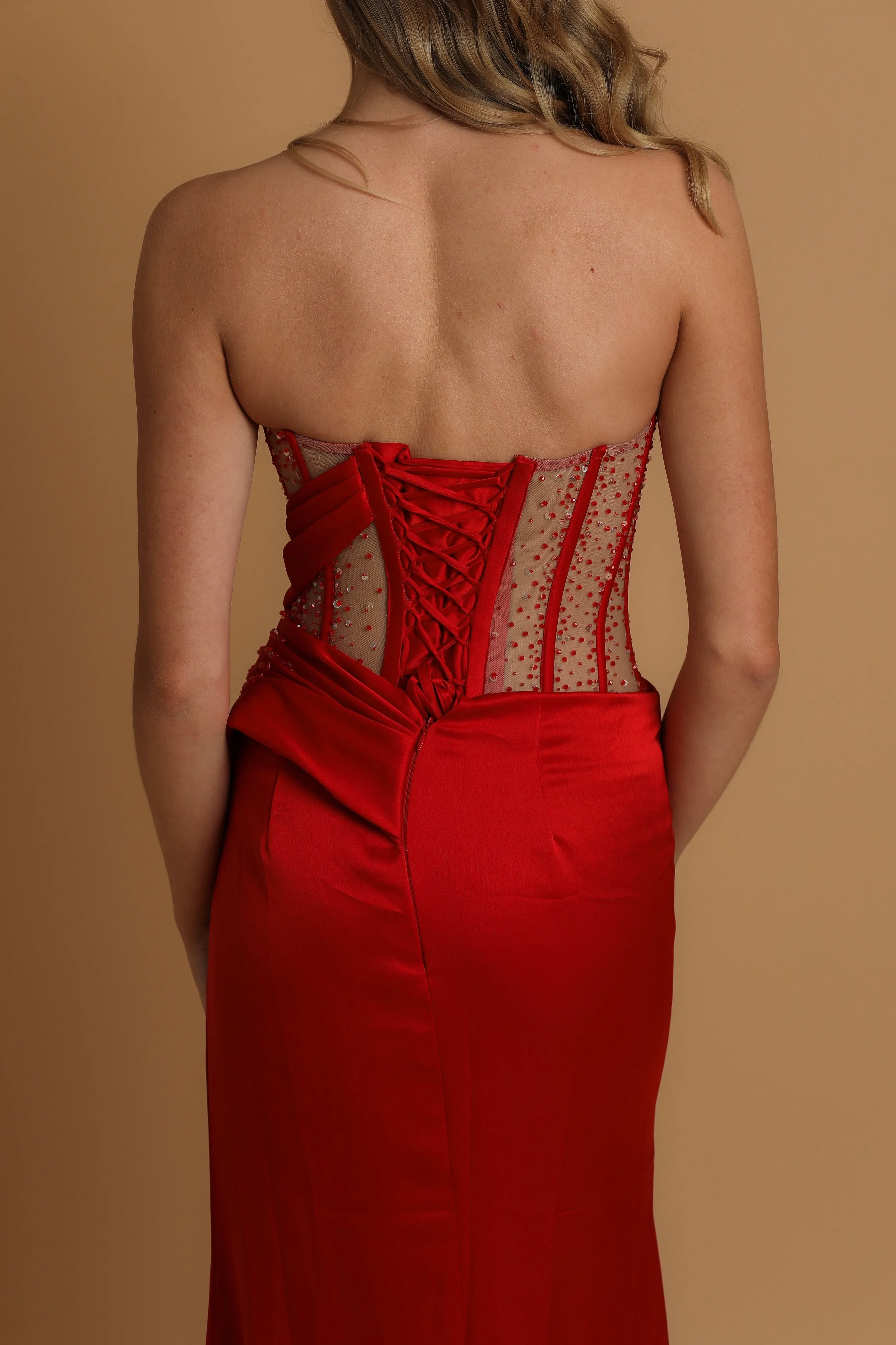 Cherry red bustier top see-through bodice beaded satin mermaid dress for hire