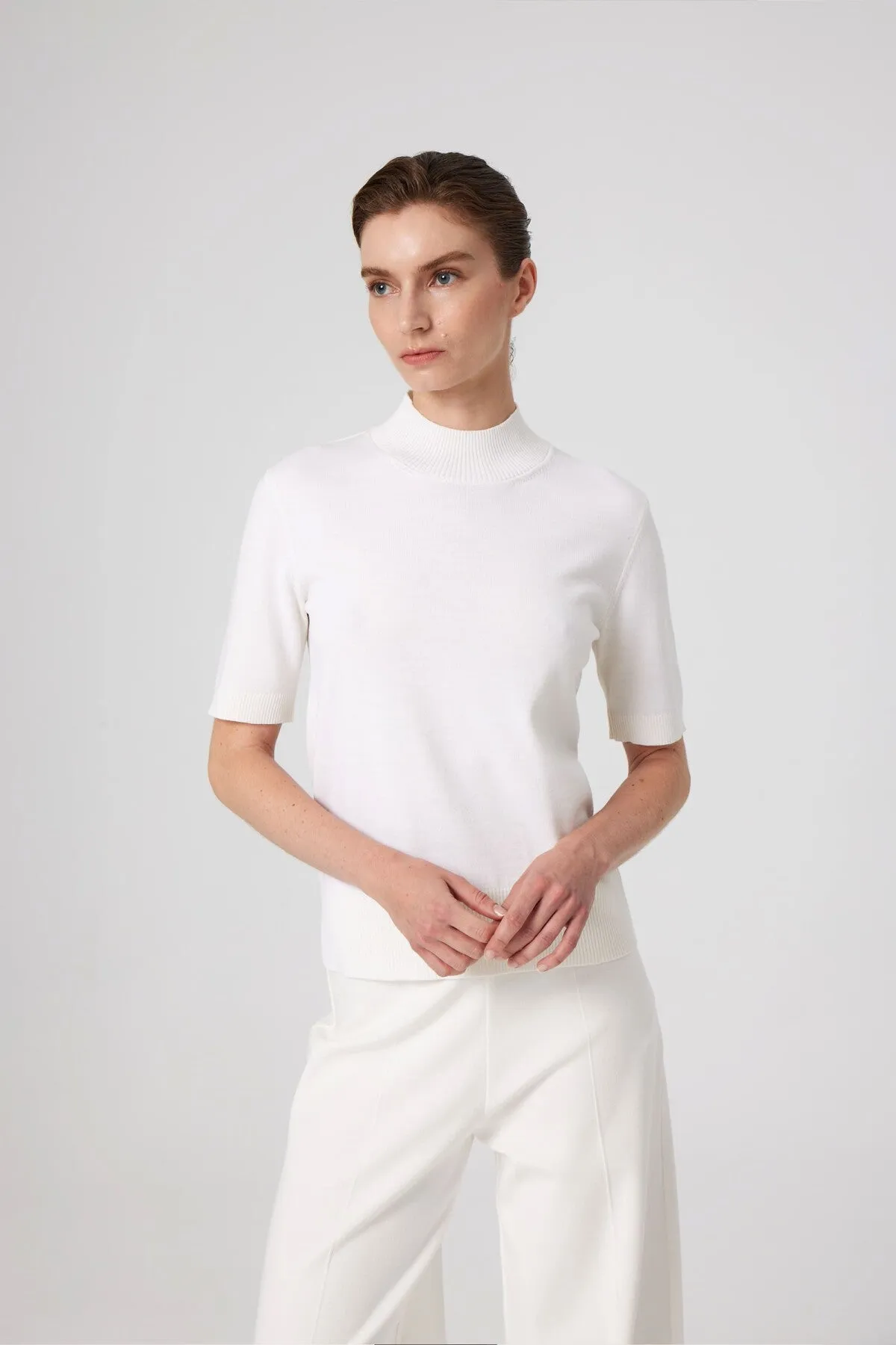Ecru Half Turtleneck Wool Blend Sweater
