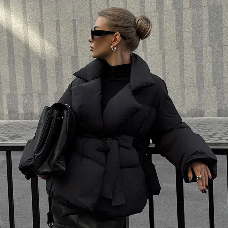 Elegant Lapeled Collared Tie Waist Puffer Jacket in 2 Colors