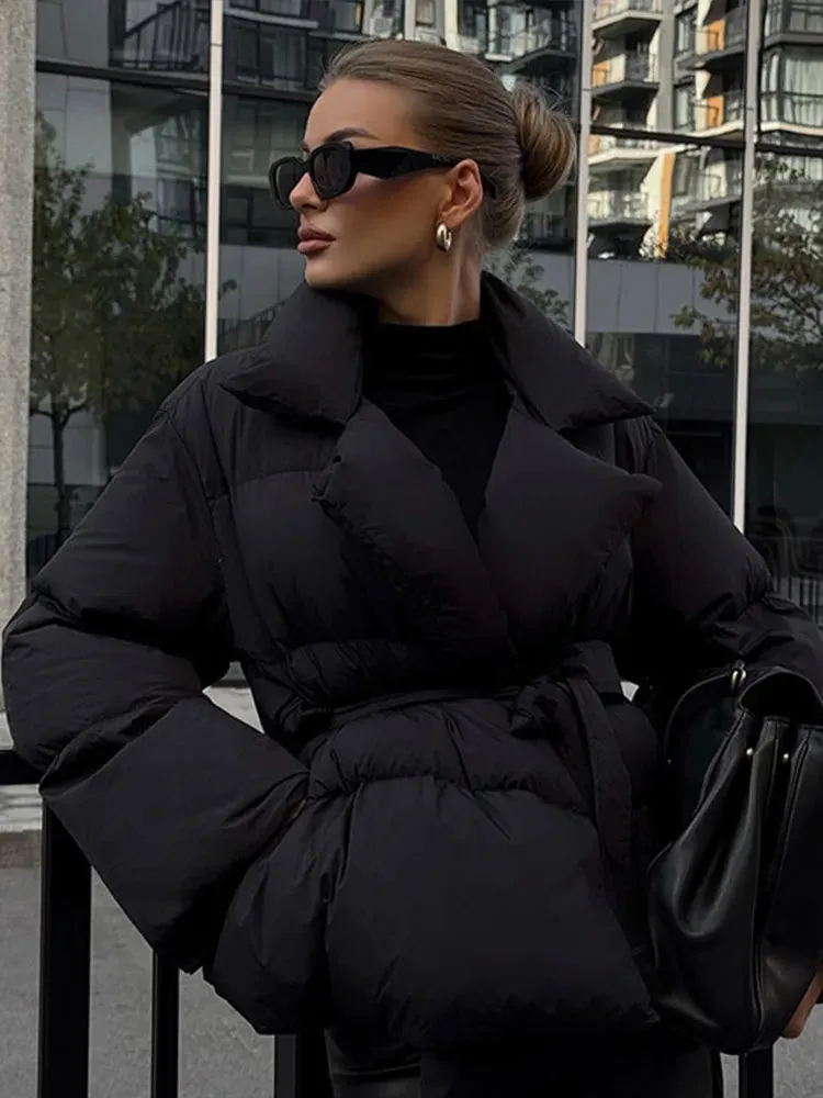 Elegant Lapeled Collared Tie Waist Puffer Jacket in 2 Colors