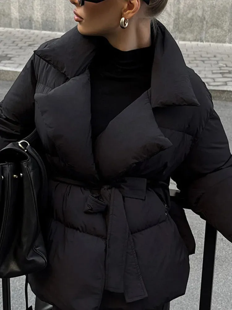 Elegant Lapeled Collared Tie Waist Puffer Jacket in 2 Colors