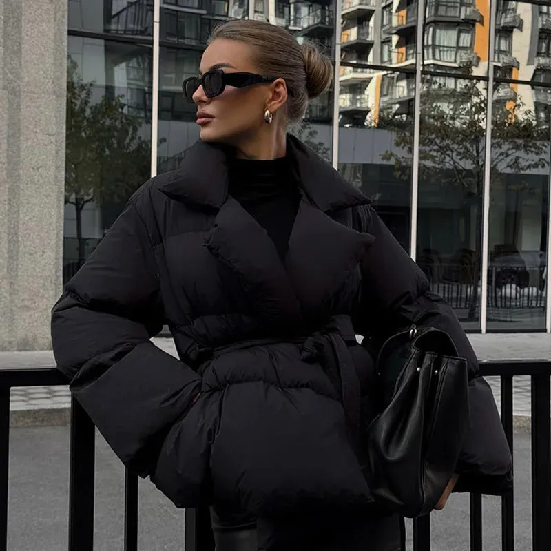 Elegant Lapeled Collared Tie Waist Puffer Jacket in 2 Colors