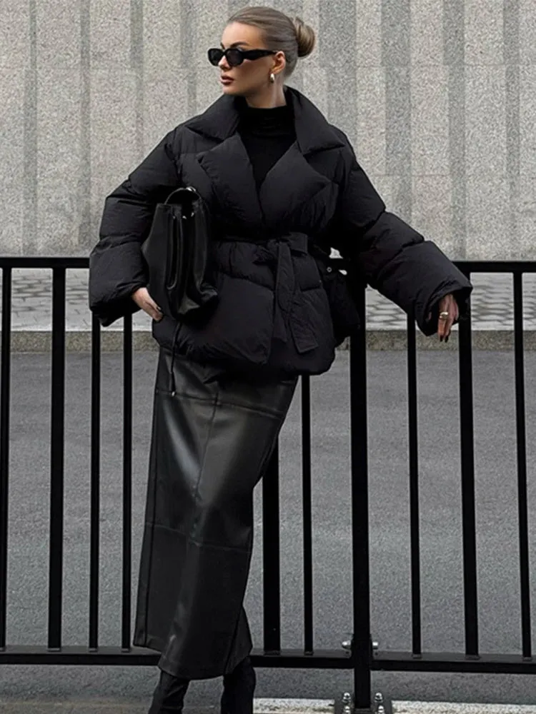 Elegant Lapeled Collared Tie Waist Puffer Jacket in 2 Colors
