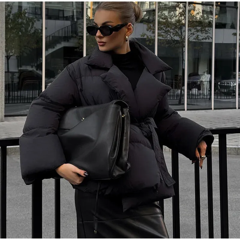 Elegant Lapeled Collared Tie Waist Puffer Jacket in 2 Colors