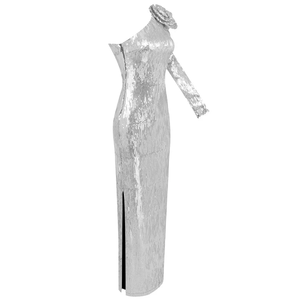 Elegant Silver Sequin Cocktail Party Formal Dress