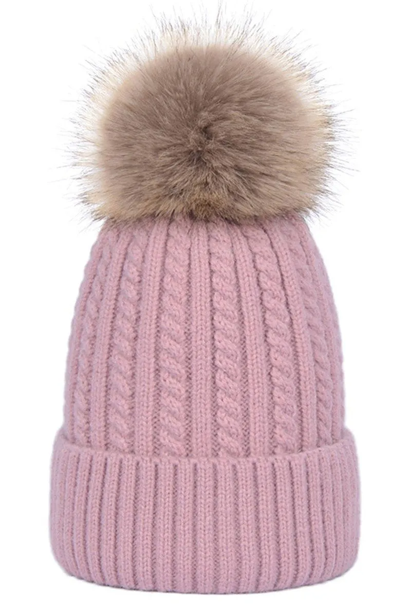FLUFFY POM POM TWISTED CABLE KNIT BEANIE WARM HAT