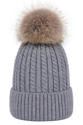 FLUFFY POM POM TWISTED CABLE KNIT BEANIE WARM HAT