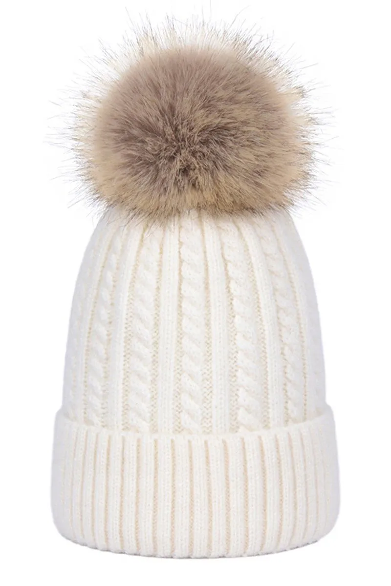 FLUFFY POM POM TWISTED CABLE KNIT BEANIE WARM HAT