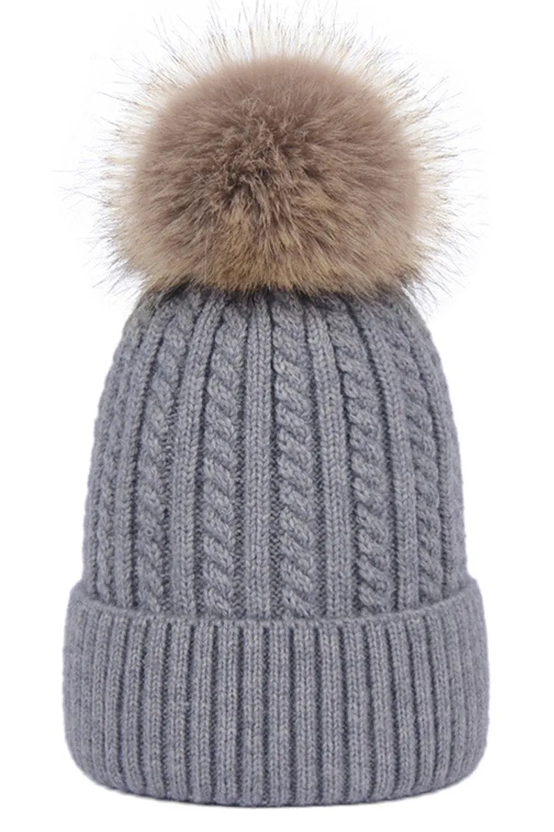 FLUFFY POM POM TWISTED CABLE KNIT BEANIE WARM HAT