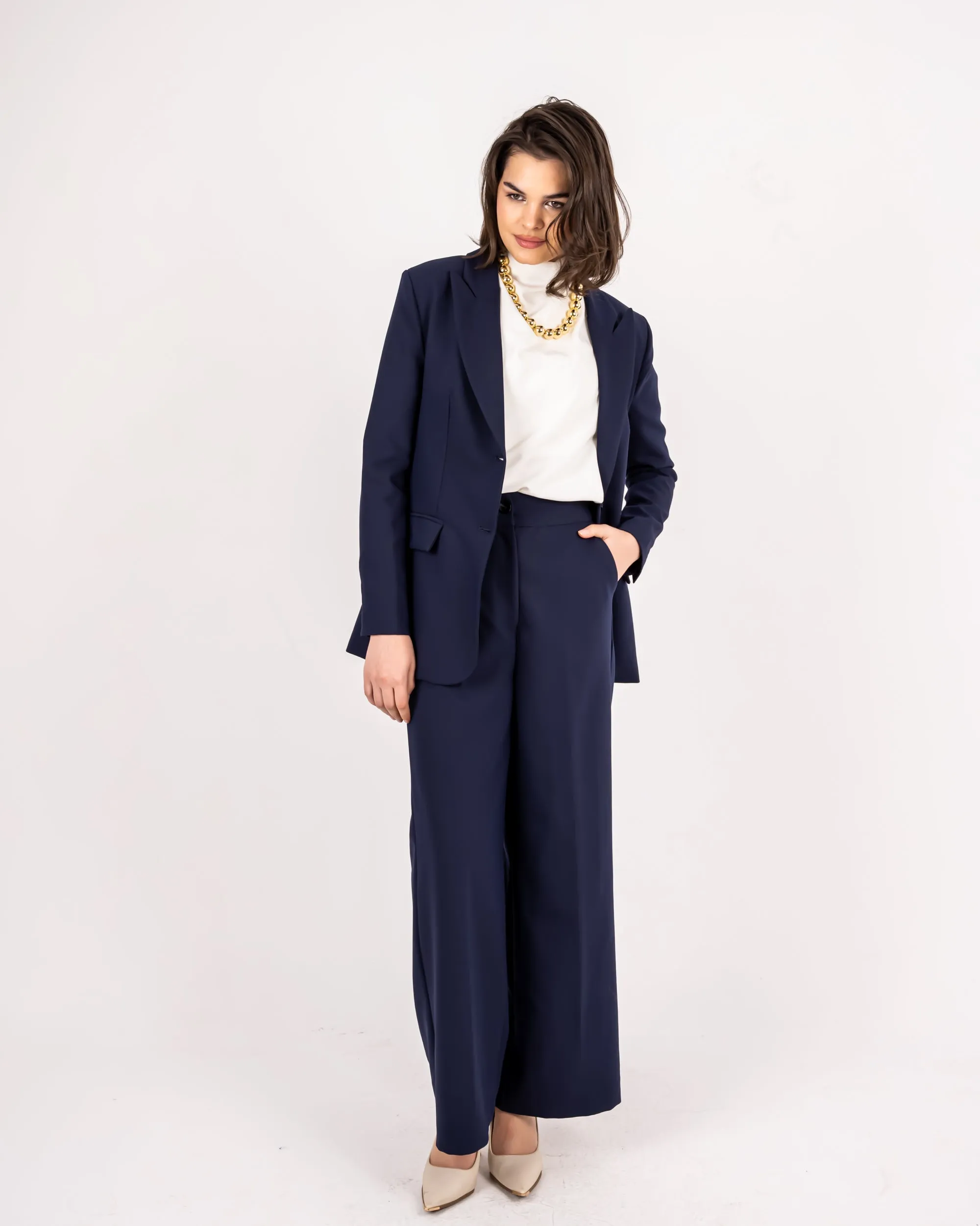 FORMAL WIDE LEG TROUSERS-BLUE BLACK