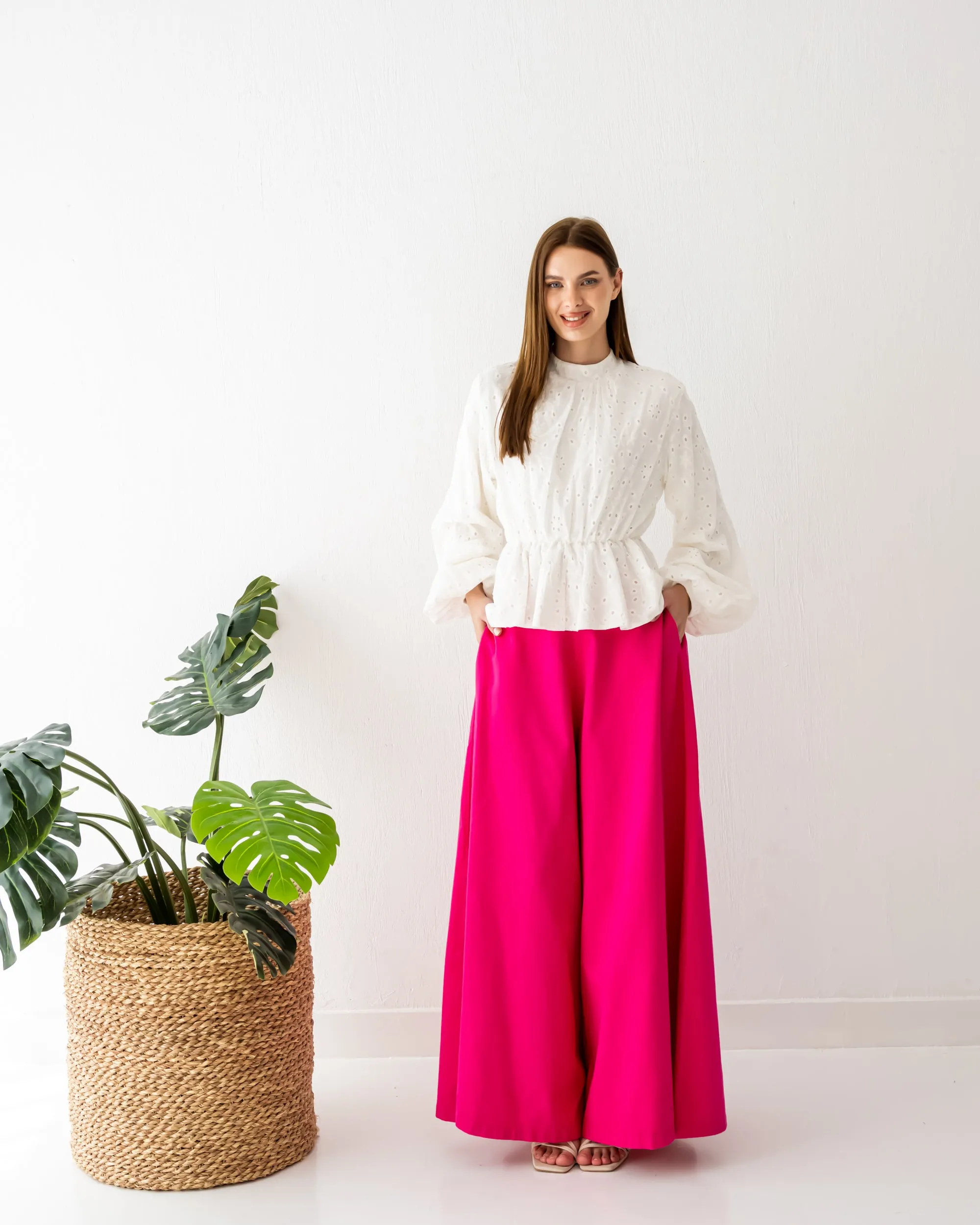 GABARDINE WIDE LEG PANT-FOSHIA