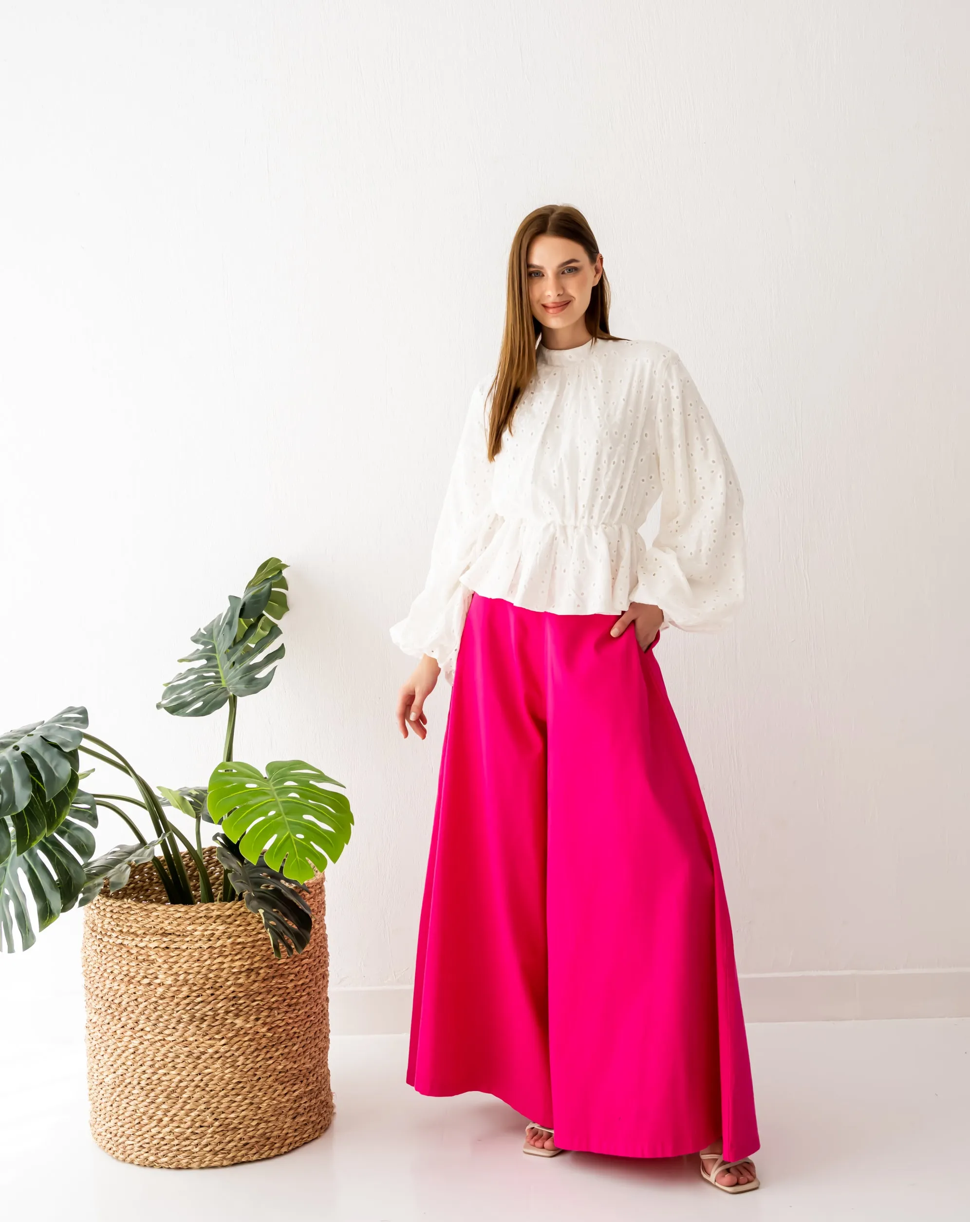 GABARDINE WIDE LEG PANT-FOSHIA