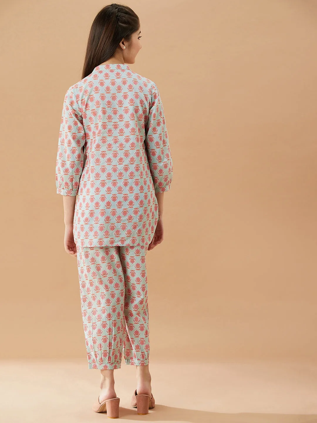 Girls Printed Pure Cotton Tunic With Trousers (IW-BLUEBOOTICOORD)