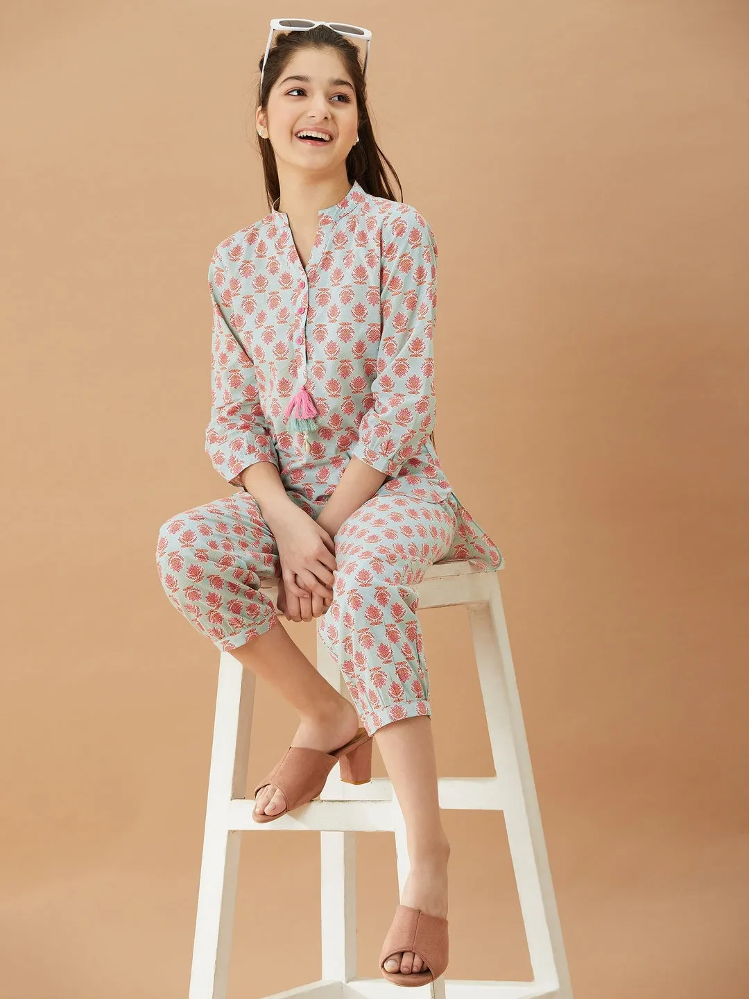 Girls Printed Pure Cotton Tunic With Trousers (IW-BLUEBOOTICOORD)