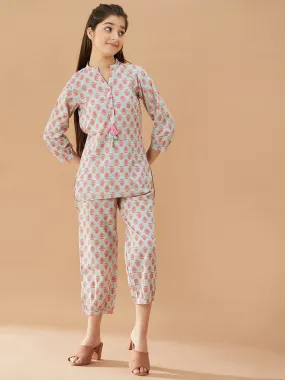 Girls Printed Pure Cotton Tunic With Trousers (IW-BLUEBOOTICOORD)