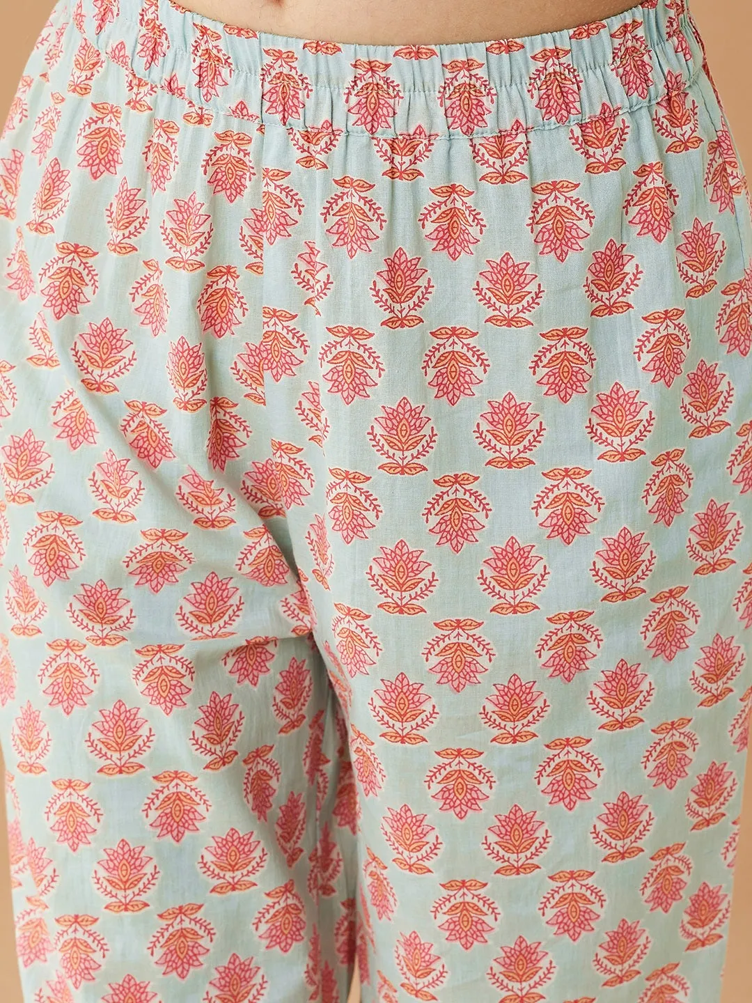 Girls Printed Pure Cotton Tunic With Trousers (IW-BLUEBOOTICOORD)