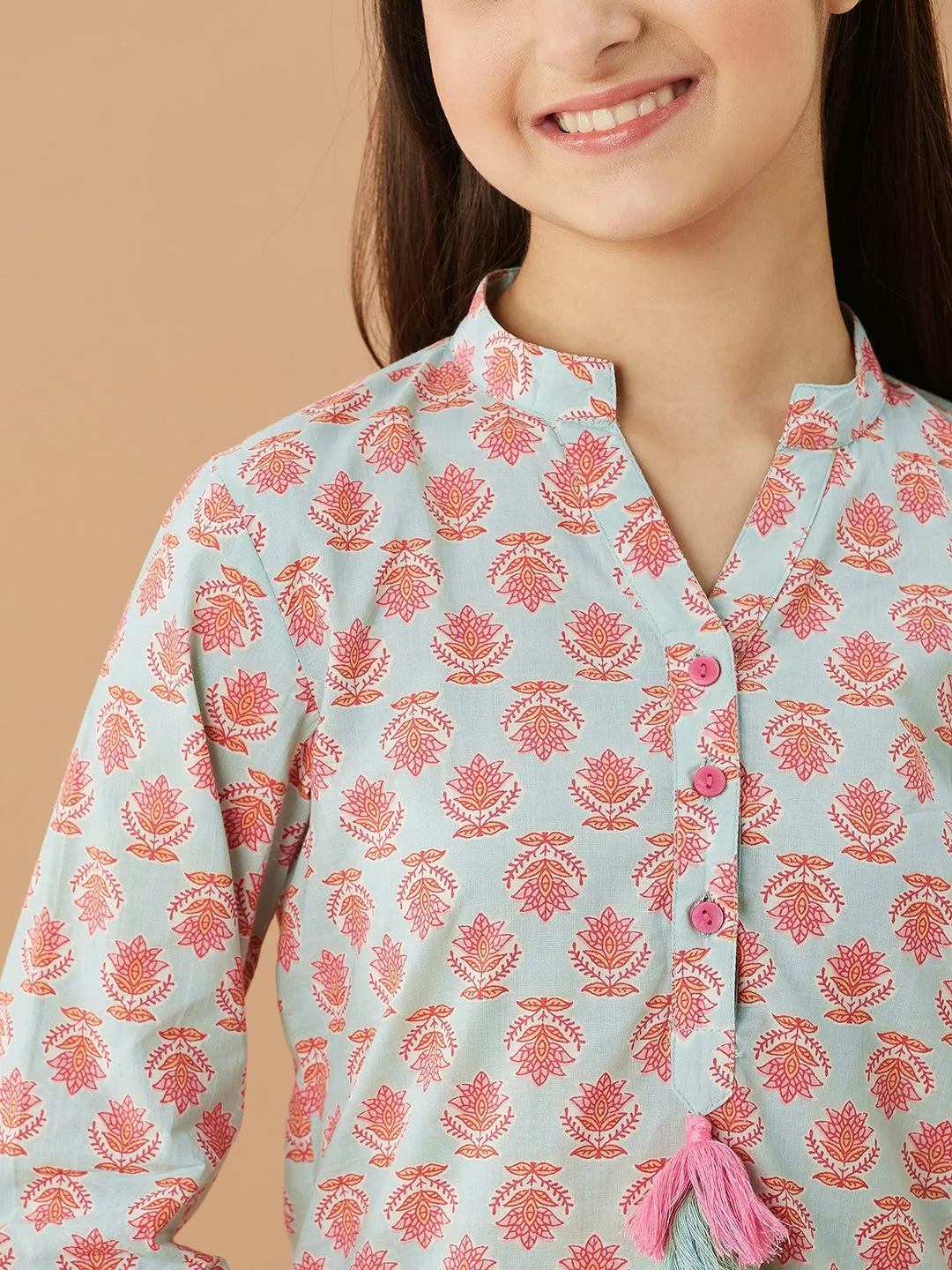 Girls Printed Pure Cotton Tunic With Trousers (IW-BLUEBOOTICOORD)