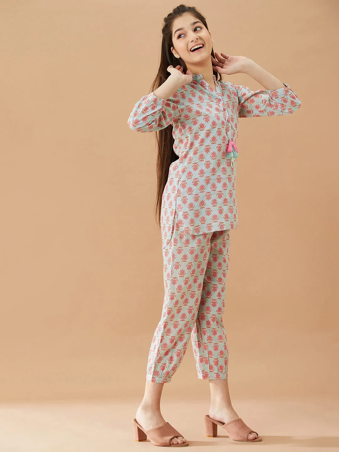 Girls Printed Pure Cotton Tunic With Trousers (IW-BLUEBOOTICOORD)