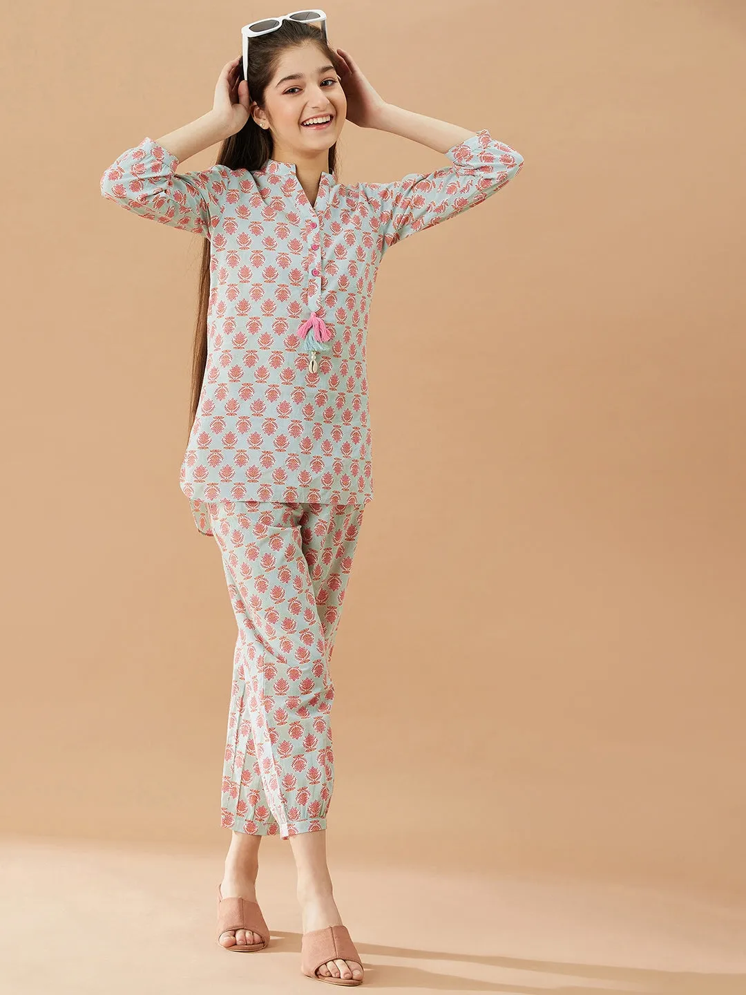 Girls Printed Pure Cotton Tunic With Trousers (IW-BLUEBOOTICOORD)