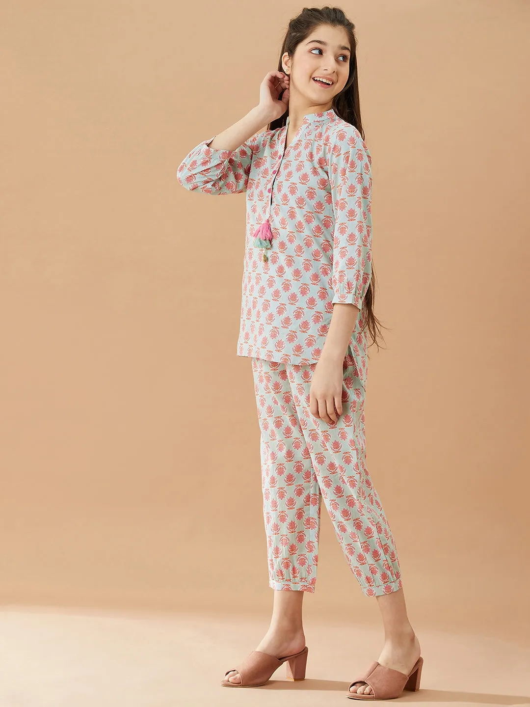 Girls Printed Pure Cotton Tunic With Trousers (IW-BLUEBOOTICOORD)