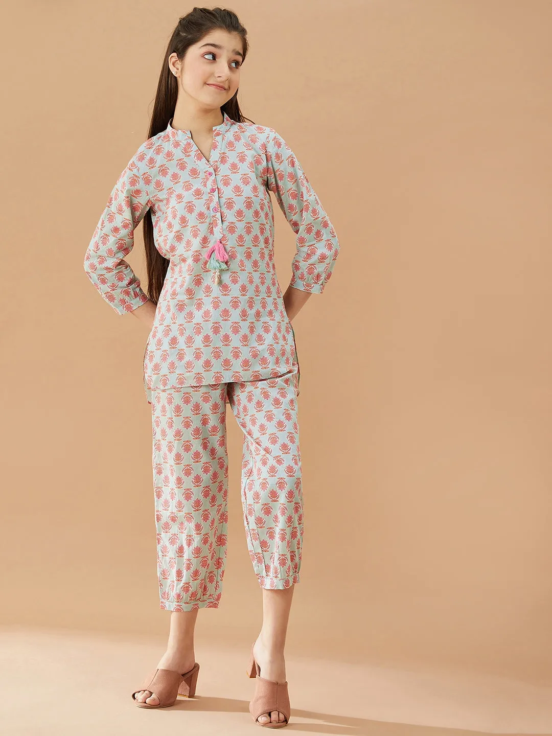 Girls Printed Pure Cotton Tunic With Trousers (IW-BLUEBOOTICOORD)