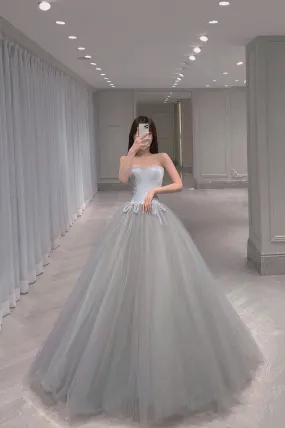 Gray Tulle Long A-Line Prom Dress, Cute Strapless Evening Party Dress