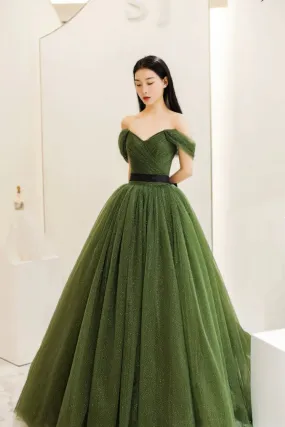 Green Tulle Floor Length Prom Dress, Beautiful Off the Shoulder Evening Party Dress