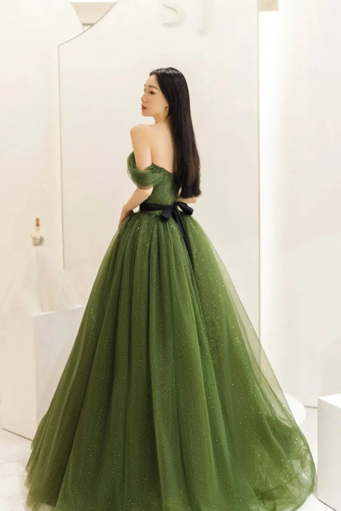 Green Tulle Floor Length Prom Dress, Beautiful Off the Shoulder Evening Party Dress