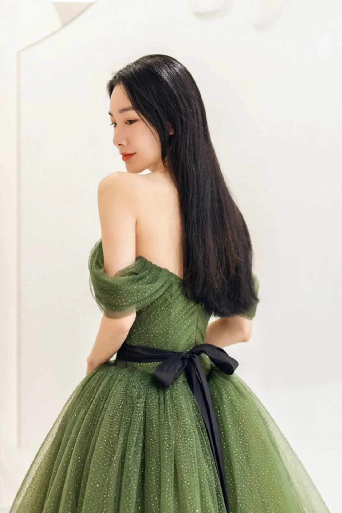 Green Tulle Floor Length Prom Dress, Beautiful Off the Shoulder Evening Party Dress