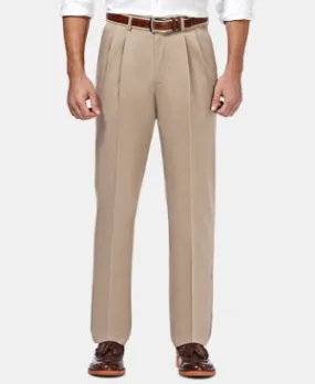 Haggar Premium Mens Non Iron Classic Fit Pleated Khaki Dress Pants Beige 40 x 32