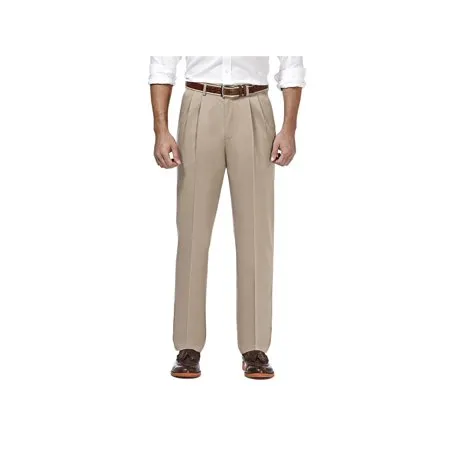 Haggar Premium Mens Non Iron Classic Fit Pleated Khaki Dress Pants Beige 40 x 32