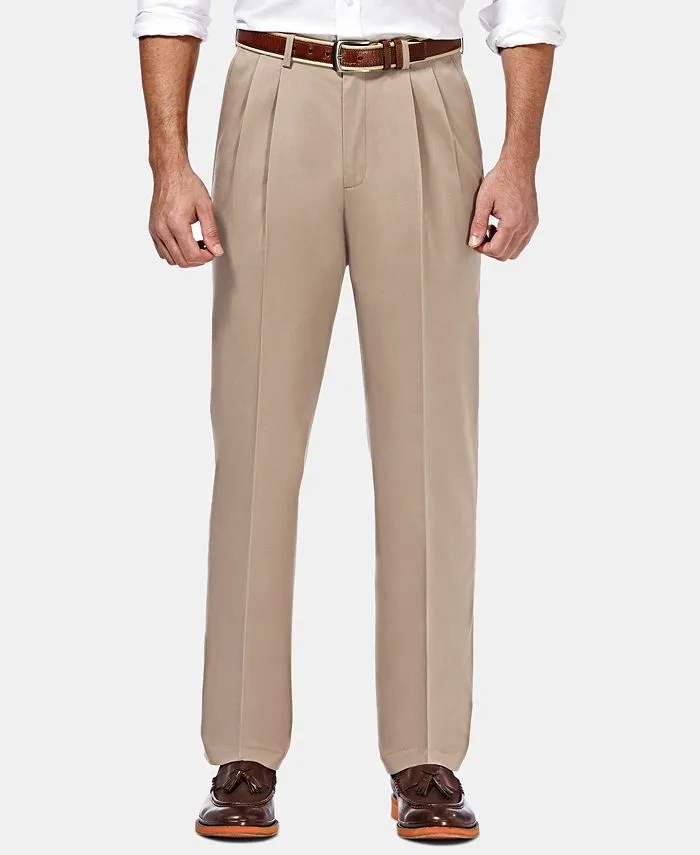 Haggar Premium Mens Non Iron Classic Fit Pleated Khaki Dress Pants Beige 40 x 32