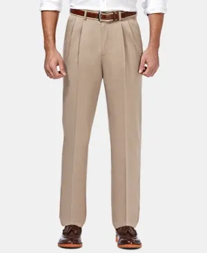 Haggar Premium Mens Non Iron Classic Fit Pleated Khaki Dress Pants Beige 40 x 32